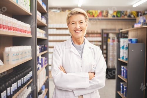 Preview: Pharmacy, senior woman pharmacist in portrait at drug store and pills with medicine for healthcare.