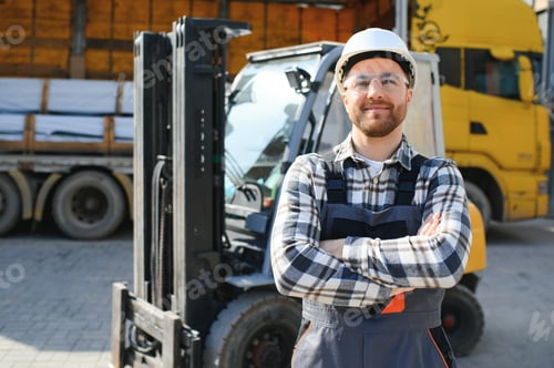 Preview: forklift driver in protective vest and forklift standing at warehouse of freight forwarding company