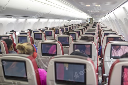 Preview: Passengers traveling by a new jet plane, shot from the inside of an airplane