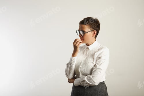Preview: Frustrated female teacher in conservative clothes