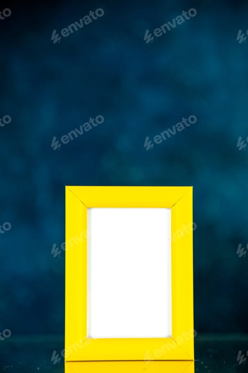 Preview: front view yellow picture frame on dark blue background family gift photo present picture shoot