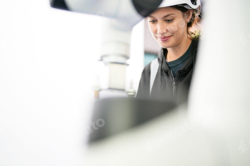 Preview: Engineer inspecting automatic AI robot arm and machines in factory. Engineer inspecting automatic AI