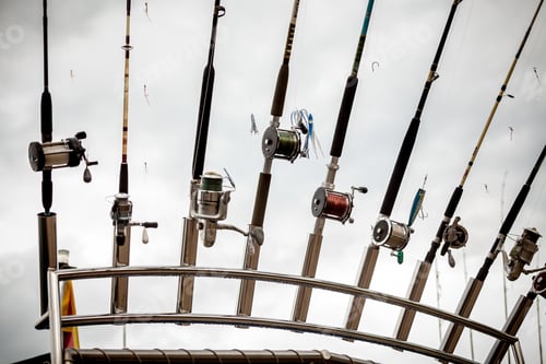 Preview: row of fishing rods on ship
