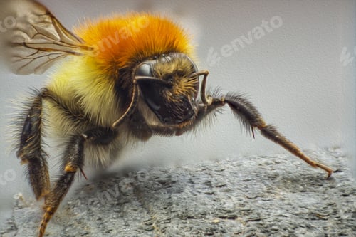 Preview: Selective focus shot of a bee on the gray surface