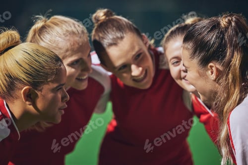 Preview: Women, football and team huddle on field at soccer game, motivation and team building for girl spor