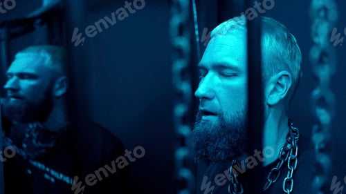 Preview: A young stylish man at the event standing with chains around his neck that hanging from the ceiling