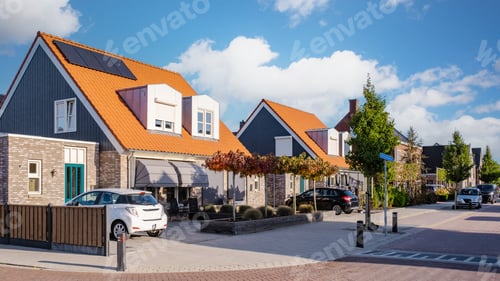 Preview: Dutch Suburban area with modern family houses, newly build moder