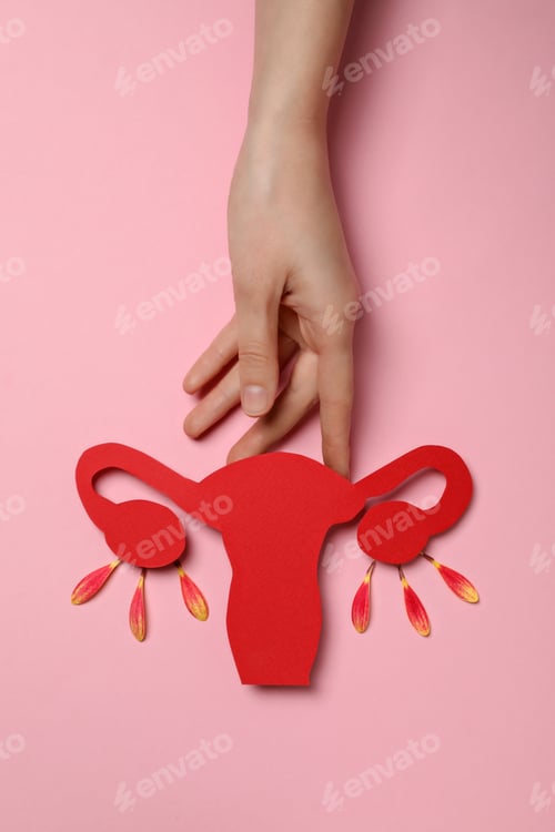 Preview: Red paper uterus and female hand on pink background, top view