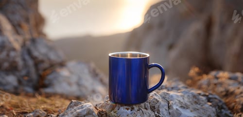 Preview: Closeup photo of cup with tea over out of focus mountains view.