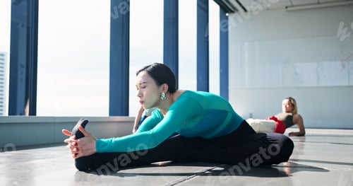 Preview: Dancer, fitness and stretching legs for body health, start or prepare for performance in studio. Wa