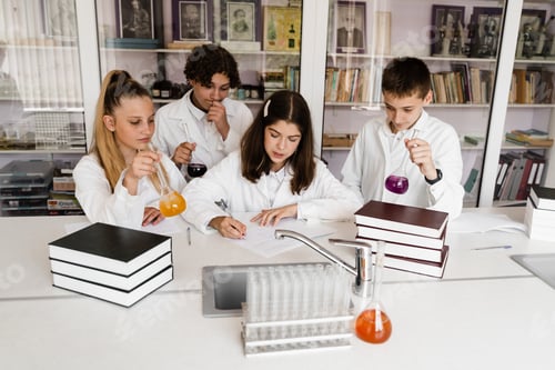 Preview: Chemistry class with students writing notes and holding flasks