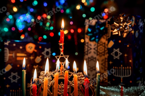 Preview: Closeup of a burning Chanukah candlestick with candles Menorah a traditional Jewish holiday