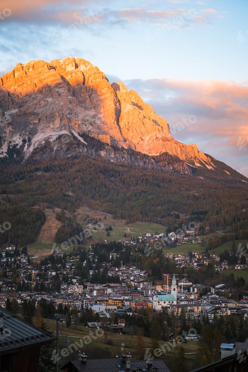 Preview: City view of Cortina d Ampezzo at sunset in The Dolomites South Tyrol Italy