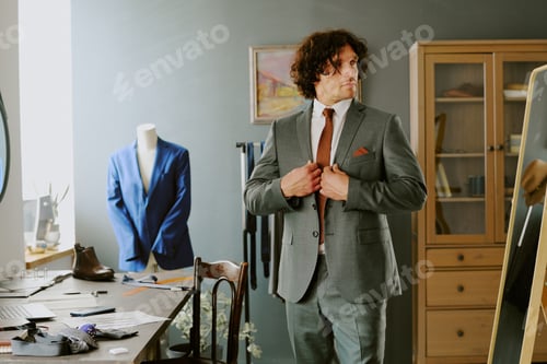 Preview: Man Admires Suit in Tailor's Home Atelier
