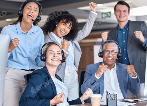 Preview: Call center, team or happy people with success of winning telemarketing sales target or achievement