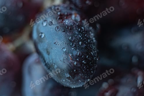 Preview: the close up macro of blue fresh organic grapes with the water drops on it