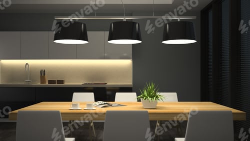 Preview: Night view modern interior of dining room 3D rendering