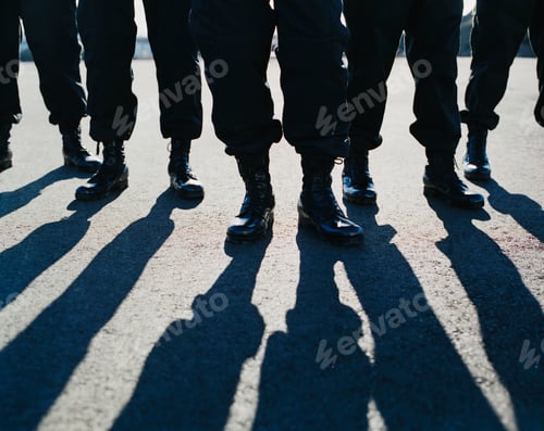 Preview: Low angle view of row of men wearing military uniforms, casting shadows