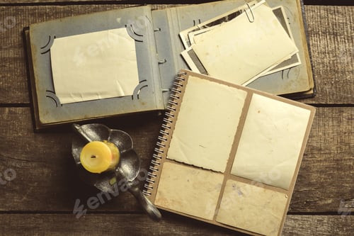Preview: Old photo album with empty pages and a candle on a wooden table
