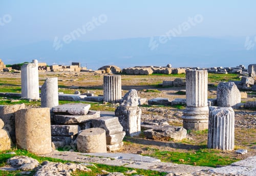 Preview: Ruins of columns in ancient city of Pergamon in sunny day. Bergama, Turkey.