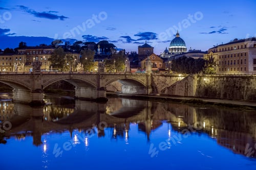 Preview: Ornate buildings and bridge illuminated at night, Rome, Italy
