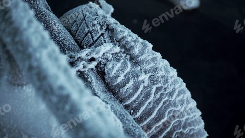 Preview: Close-up of wheel frozen in cold. Clip. Close-up of chain and tire hanging frozen on bridge in cold