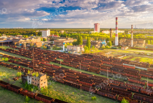 Preview: Aerial view of colorful freight trains. Railway station