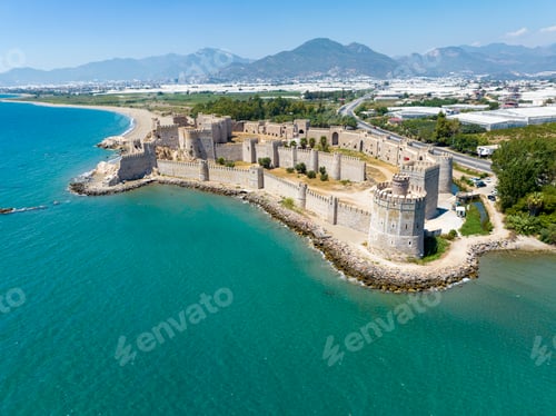 Preview: Aerial view of the Mamure Castle or Anamur Castle in Anamur Town, Turkey