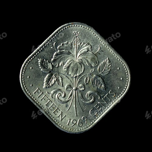 Preview: 1969 The Bahamian Fifteen Cents isolated on the black background