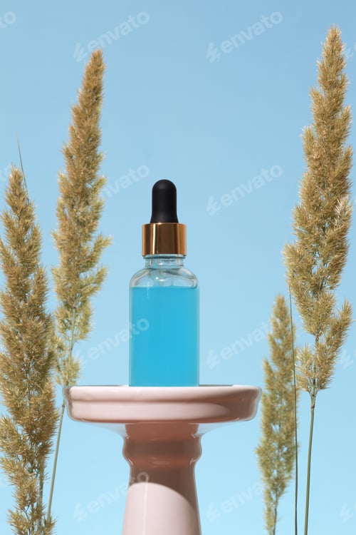 Preview: Cosmetic glass bottle with dropper for essential oils and serum on a podium with dry pampas grass