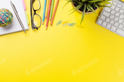 Preview: Office yellow backdrop with supplies and computer