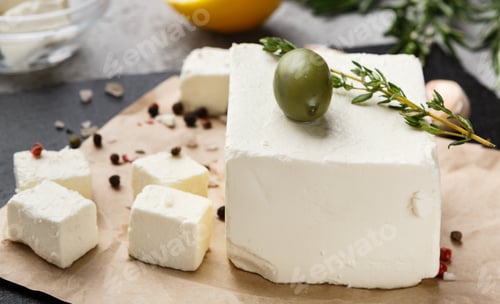Preview: Cubes of feta and spices on paper