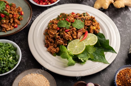 Preview: Spicy minced pork salad with chili flakes, lime, chopped green onions, chilli and roasted rice.
