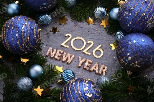Visualização: Fundo de Ano Novo com as palavras ANO NOVO 2026 em um fundo azul com decorações de Natal.