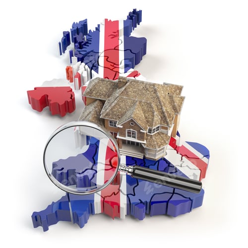 Preview: House and loupe on the map of UK Great Britain in colors of aust