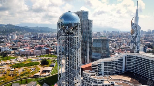 Preview: Aerial drone view of a tower restaurant in Batumi, Georgia