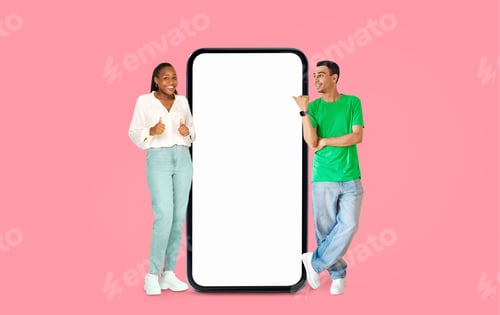 Preview: Duo with giant smartphone mockup on pink background