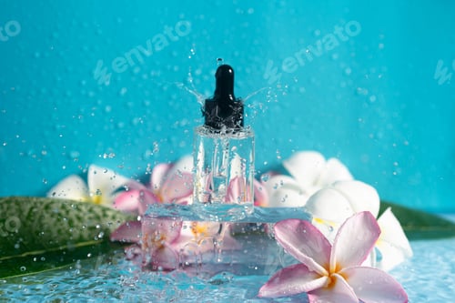 Preview: Moisturizing serum surrounded by plumeria flowers under refreshing splashes of water