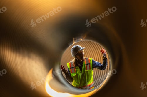 Preview: A female engineer inspecting a large pipe from the inside