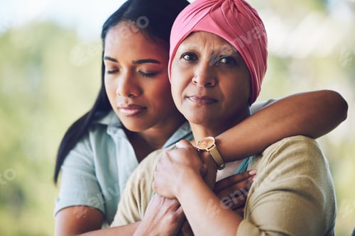 Preview: Love, hug and woman with her mother with cancer hugging, bonding and spending time together. Happy,