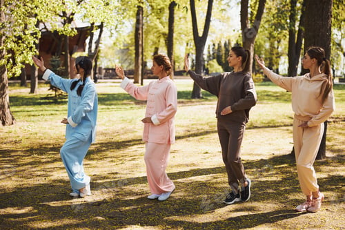 Preview: Women standing in line and doing tai chi pose