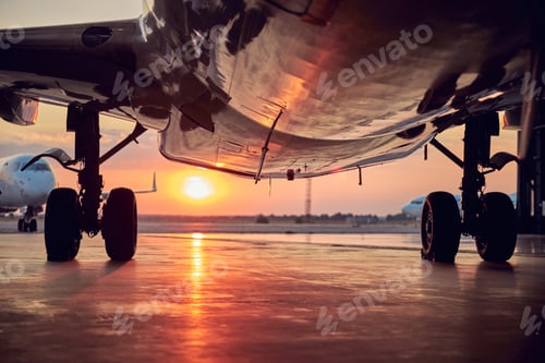 Preview: View of big passenger airplane in the aviation hangar in the evening
