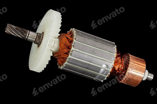 Preview: Rotor or of anchor electric motor closeup, isolated on black background, with clipping path