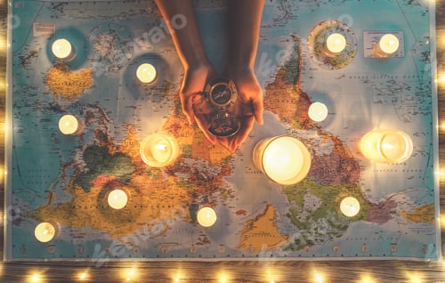 Vista previa: Top view female hands planning vacation tour equipped with world map and vintage nautical compass