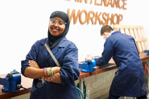 Preview: Portrait of female student with ruler in college metalwork workshop