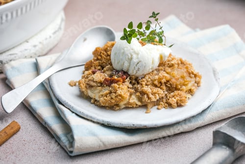 Preview: close up of apple crumble and ice cream