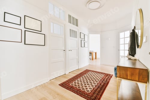 Preview: Doorway of modern apartment with white walls and parquet floor