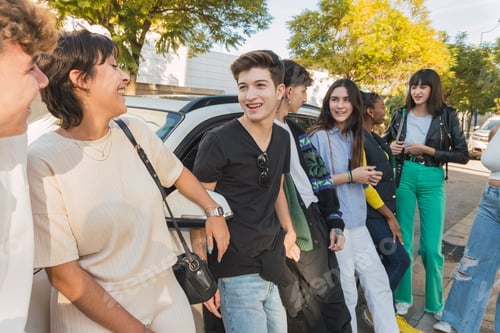 Preview: Cheerful multiethnic friends standing and leaning on cars on street