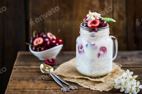 Preview: Healthy Dessert Pudding from Chia Seeds and Nut Milk with Cherri