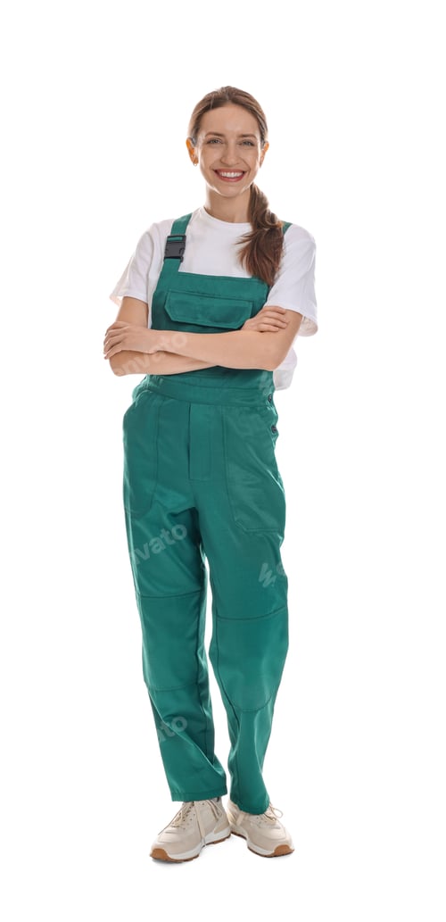 Preview: Smiling cleaning service worker with crossed arms on white background